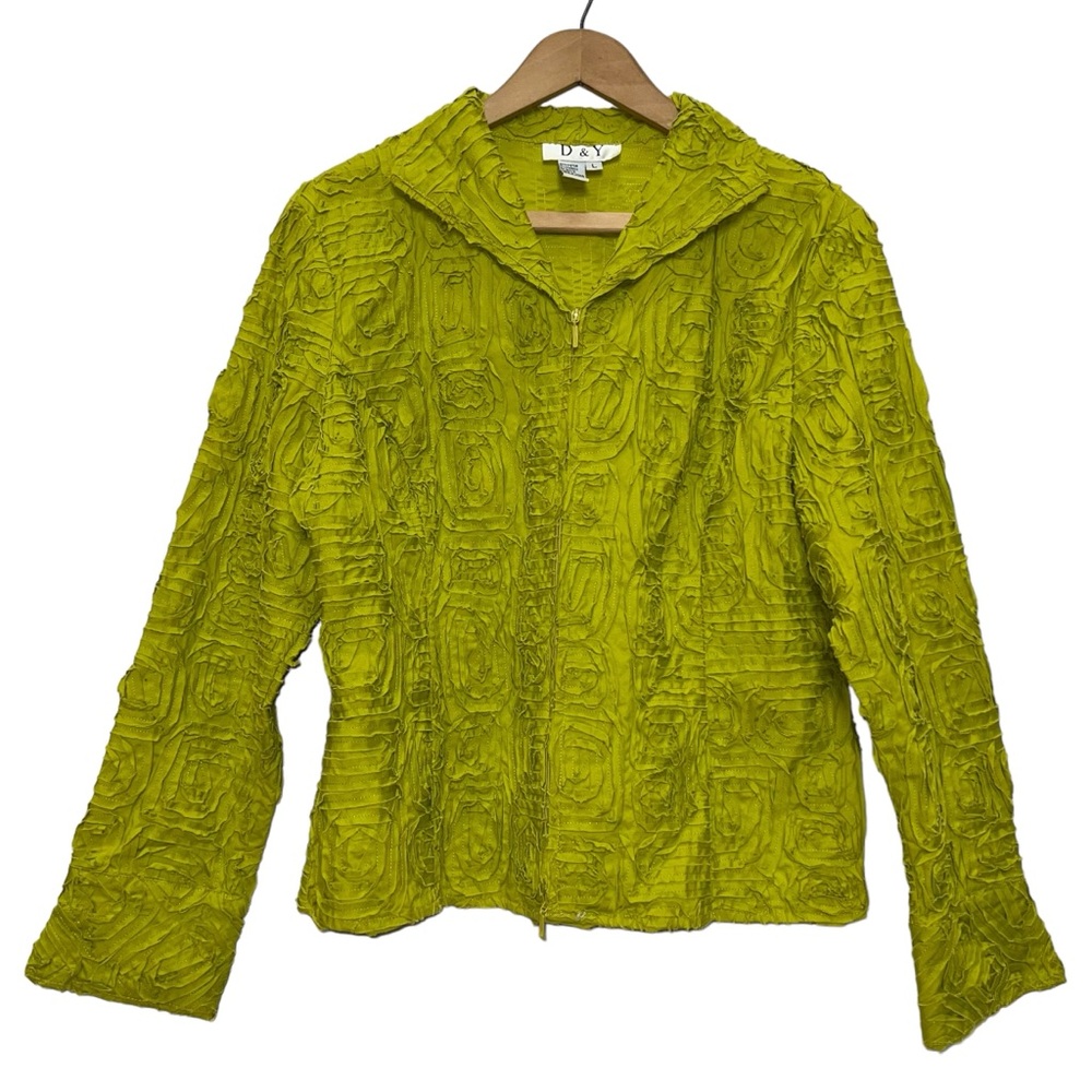 D&Y vintage 90s y2k lime green zip-up jacket w/ a textured, crinkle-style fabric